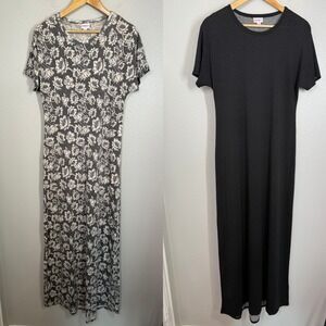 Lot of 2 LuLaRoe Maxi Dress Size S Gray Floral Black Dot Casual‎ T-Shirt Style